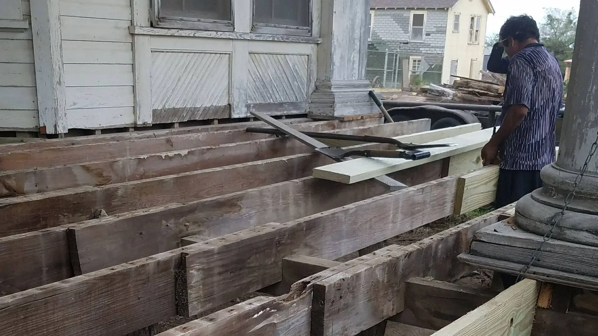 A wooden structure that has been demolished.